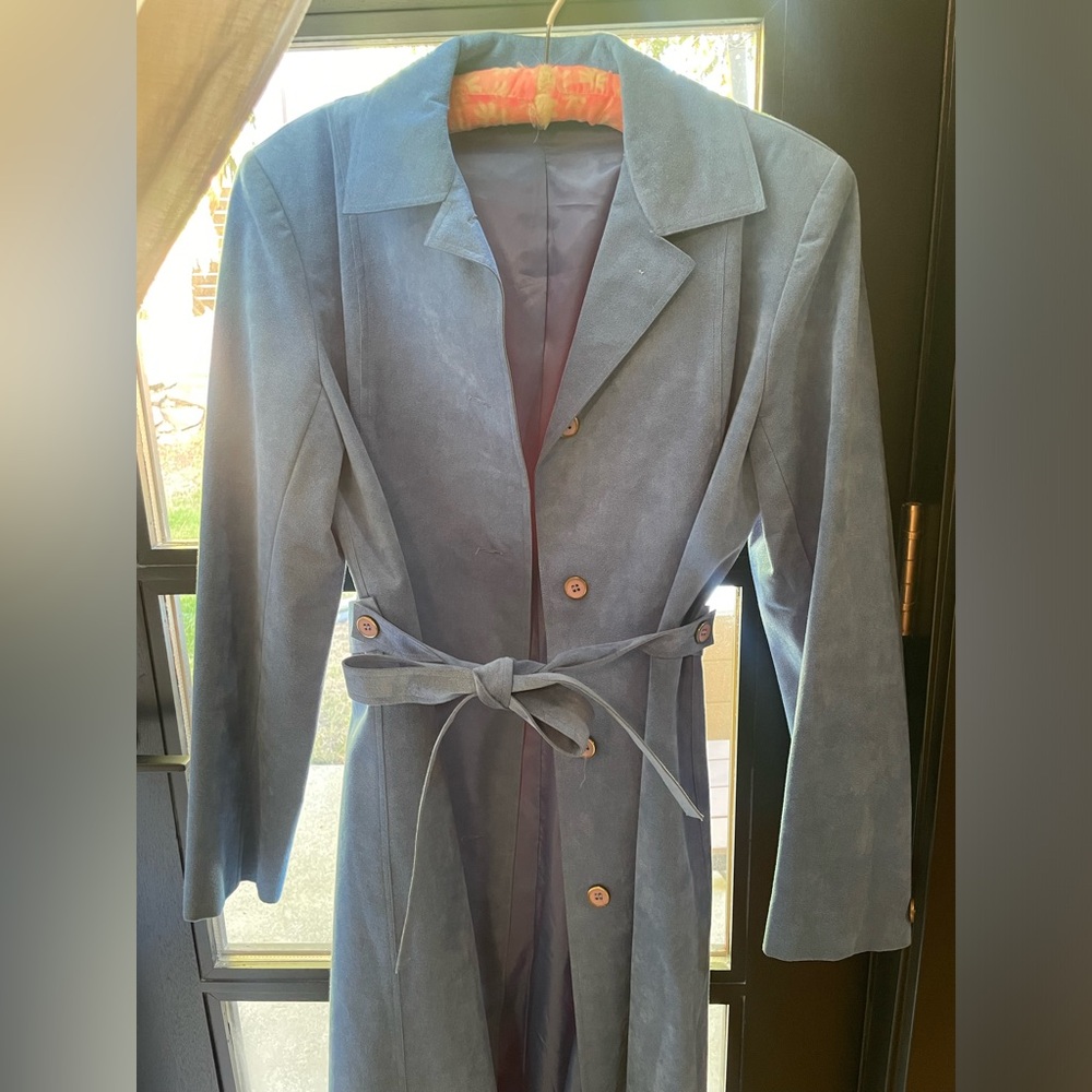 Vintage blue trench. Made of an imitation suede, lined. Fits like a 4.